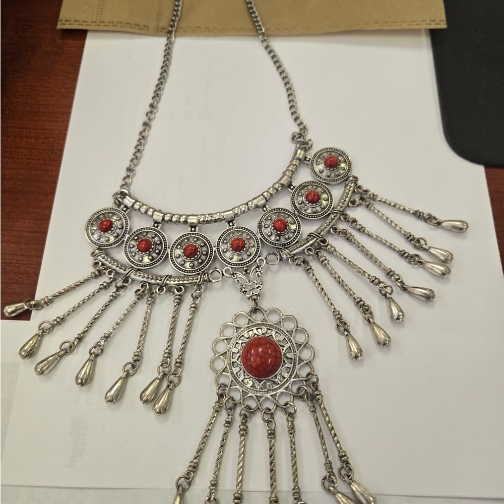 Bohemian Silver and Red Statement Necklace